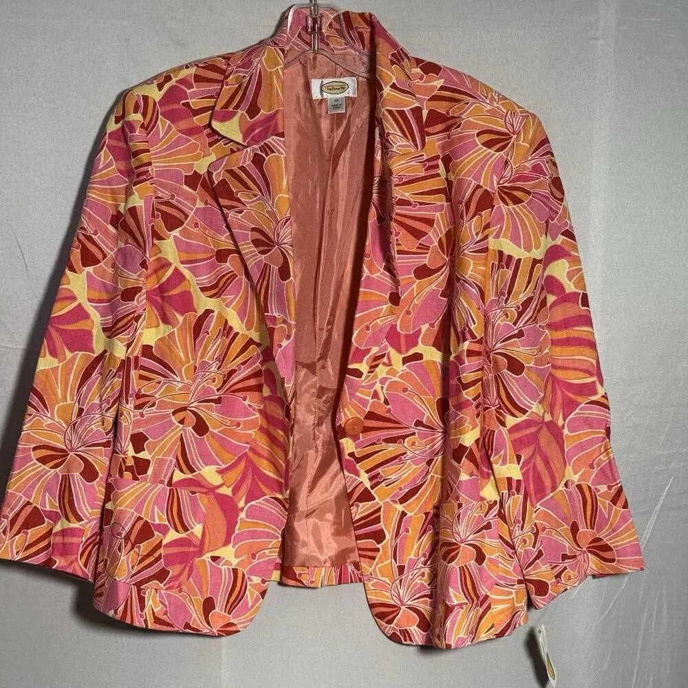NWT Talbots 14 Floral Linen Blazer Pink Orange Jacket Floral Spring Casual